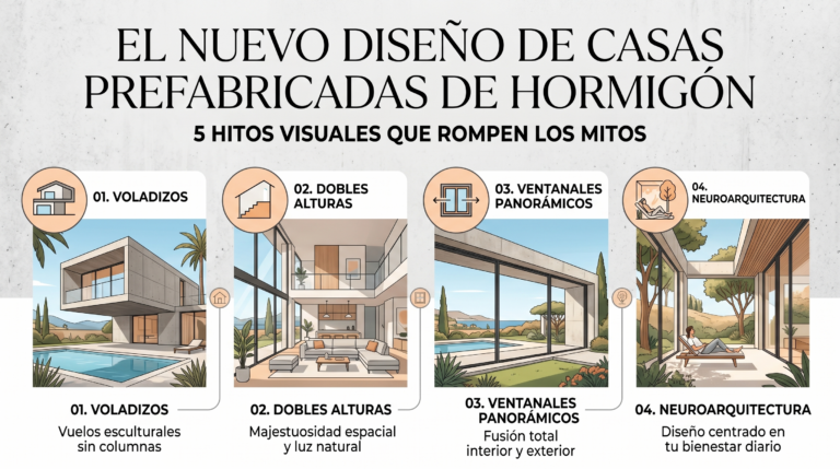 Infografía de diseño de casas prefabricadas de hormigón: Voladizos, dobles alturas y ventanales panorámicos.